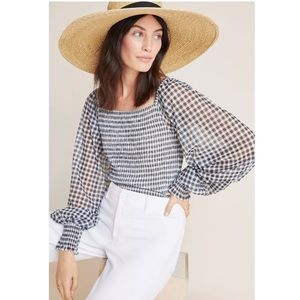 ANTHROPOLOGIE Black & White Gingham Top Blouse Statement Sleeves size L